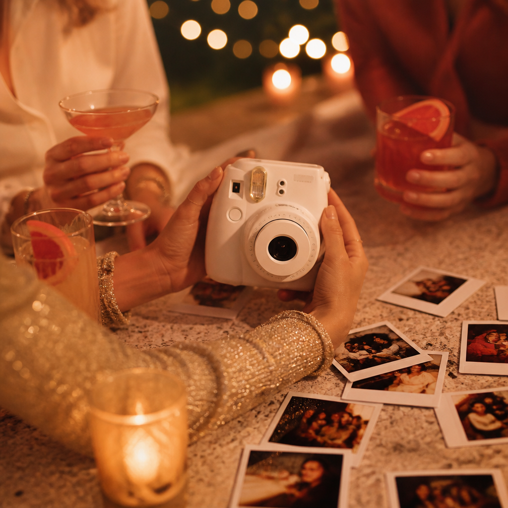 Friends celebrating with Polaroid and digicam hire — Livis party camera hire Brisbane