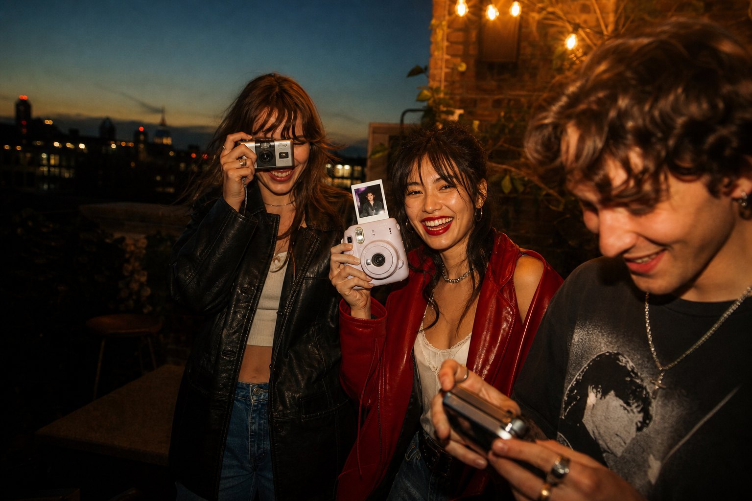 Friends shooting film and Instax on a city night out — Livis party camera hire Brisbane